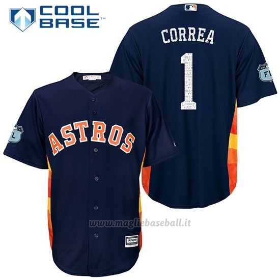 Maglia Baseball Uomo Houston Astros Carlos Correa 1 Blu 2017 Allenamento Primaverile Cool Base Giocatore
